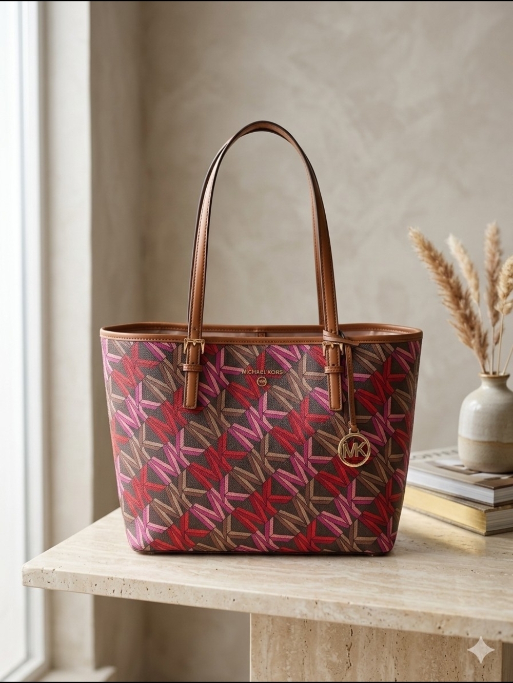 Michael Kors Jet Set Charm Medium Carryall Tote Bag Brown Pink Multi (NWT)
